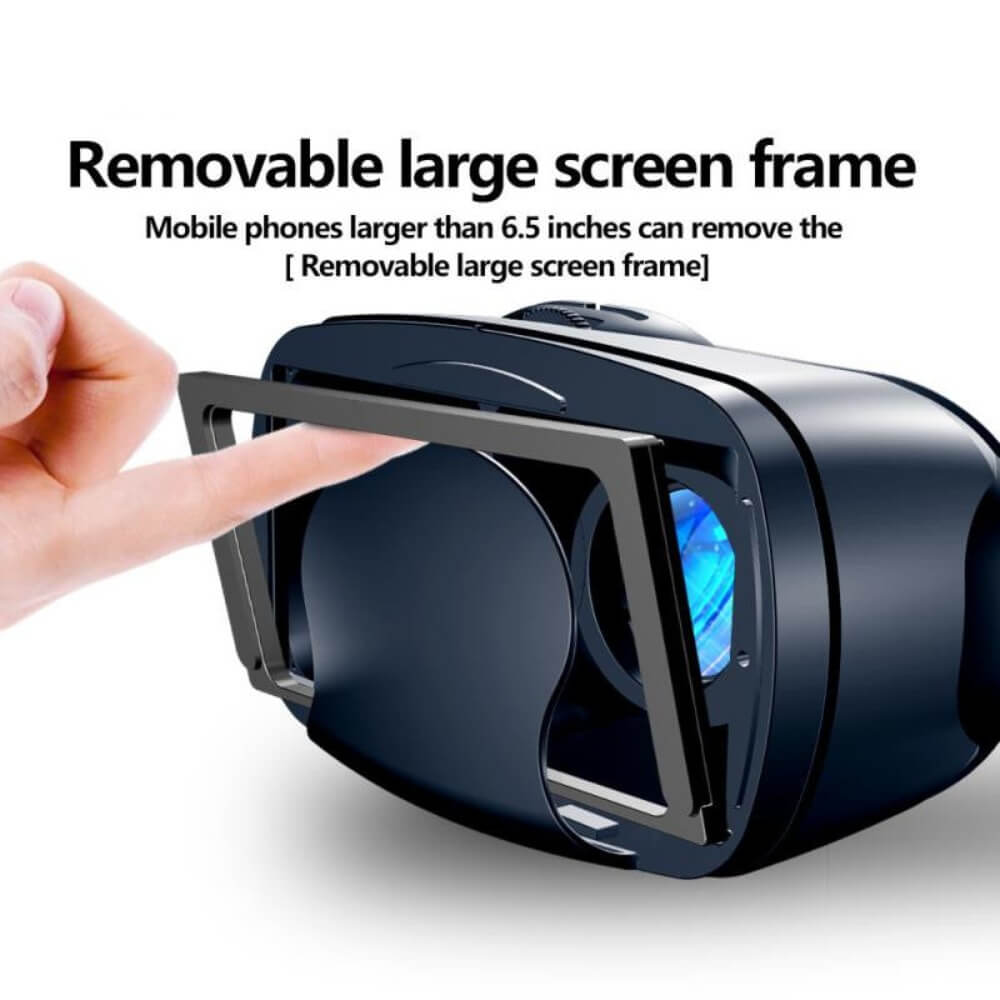 A human hand pulling the removable large screen frame down from the virtual reality goggles.