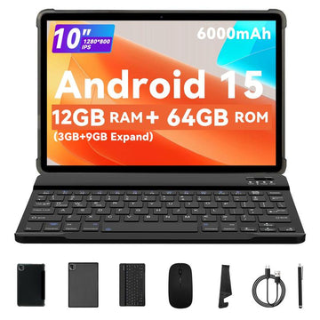 PRITOM 10.1" Android 15 Tablet - Dual 5G Wi-Fi, 8MP Dual Camera, 6000mAh + Free Keyboard, Mouse, Stylus & Case