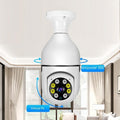 The light bulb security camera in an indoor setting with graphics depicting its horizontal and vertical visual capturing capabilities.