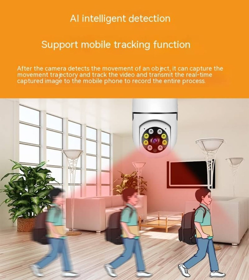 A graphic of the light bulb security camera in an indoor setting using its AI capabilities to detect a child passing by.