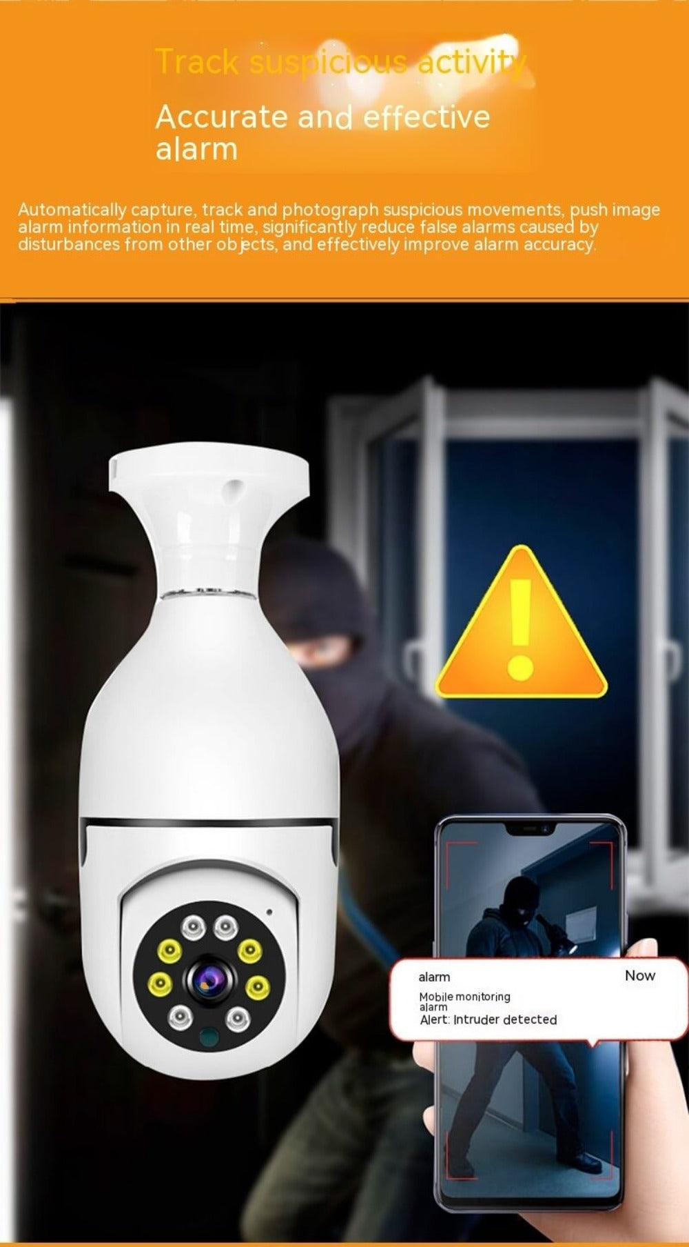 A graphic of the light bulb security camera using its alarm capability to detect a burglar.