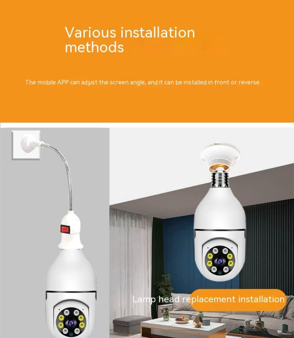 A graphic of the light bulb security camera in an indoor setting depicting its various mounting methods.