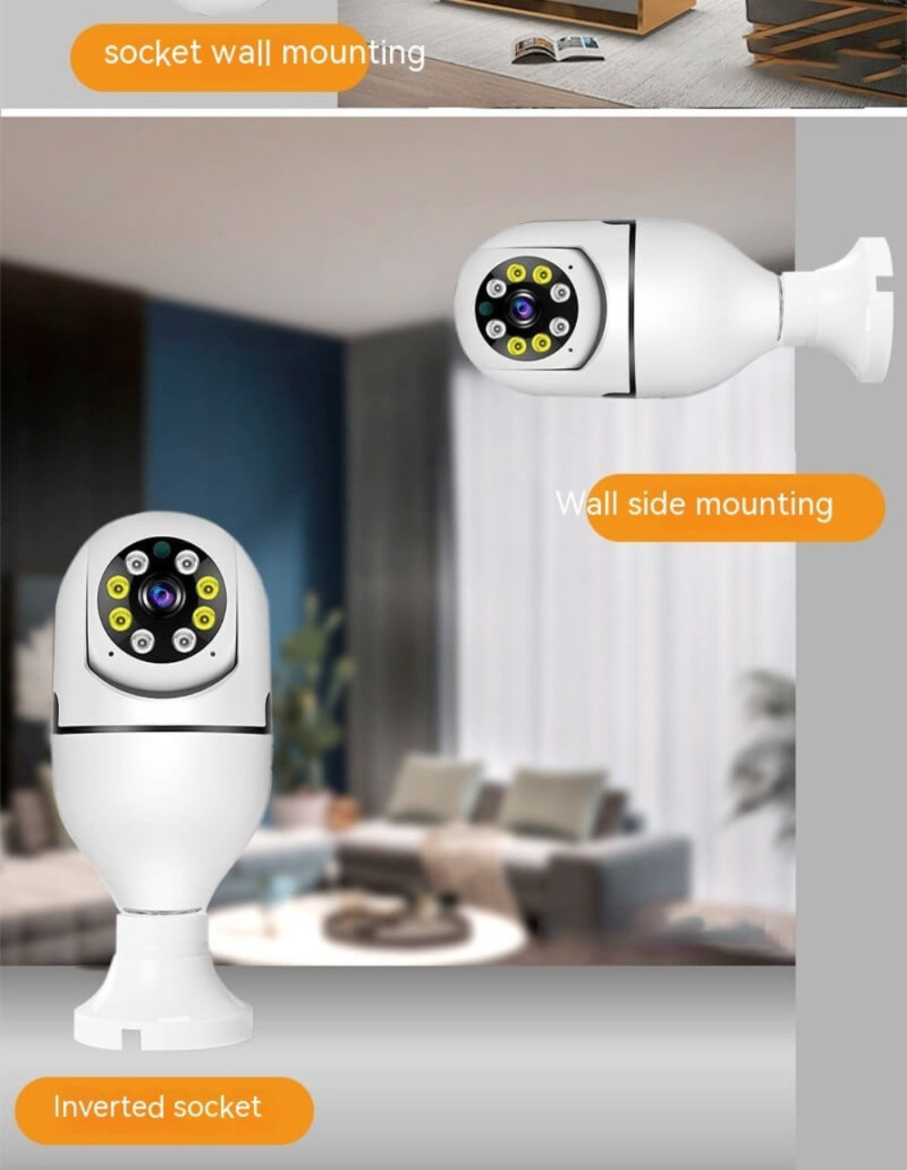 A graphic of the light bulb security camera in an indoor setting showcasing its mounting methods.