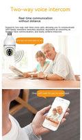 A graphic of the light bulb security camera and an elderly couple utilising the two-way voice intercom through their phone.