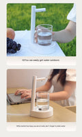 The top image consists of someone grabbing a half filled glass cup from the white mini water table dispenser which is resting on a bench outside. The bottom image is a women using her laptop on a desk and a half filled glass cup resting on the white mini water table dispenser.