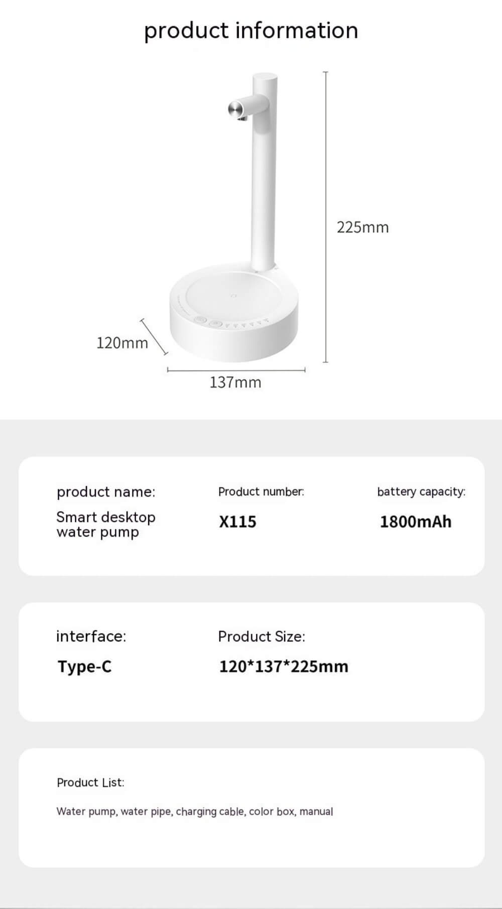 The mini water table dispenser in white, its dimensions and specifications.