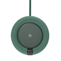 The green mug warmer, set at 65 degrees Celsius. Its USB cord attached.