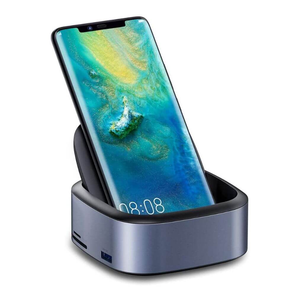 A phone in the phone docking station charging stand