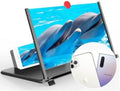 The Black 3D Phone Magnifier Screen Displaying an Image of Dolphins. A Circle Graphic in Front  of Two Smart Phones and Their Cameras.