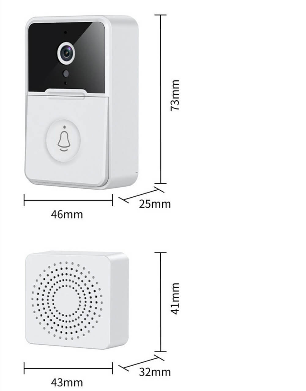 The door bell wireless cameras dimensions. Outdoor unit - 46mm wide, 25mm deep and 73mm in height. Indoor Unit - 43mm wide, 32mm deep and 41mm in height.
