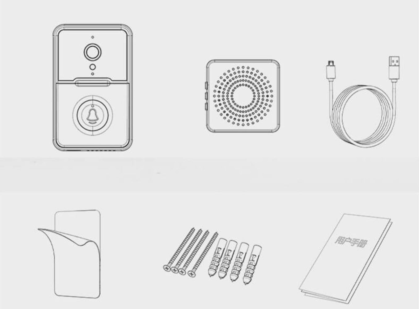 Graphics depicting the smart control video doorbells contents. The indoor and outdoor device accompanied by the charging cable, sticky pad, screws and plugs and instruction manual.