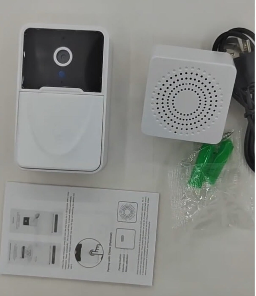 The smart control video doorbell wireless security camera having been unpacked.