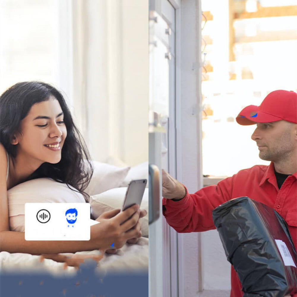 The image on the left depicts a women looking at her phone through the door bell wireless camera, while the image on the right a man is ringing the smart control video doorbell to deliver a parcel.