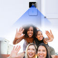 4 women outside smiling and waving. A graphic above showing the video range of the smart control video doorbell.