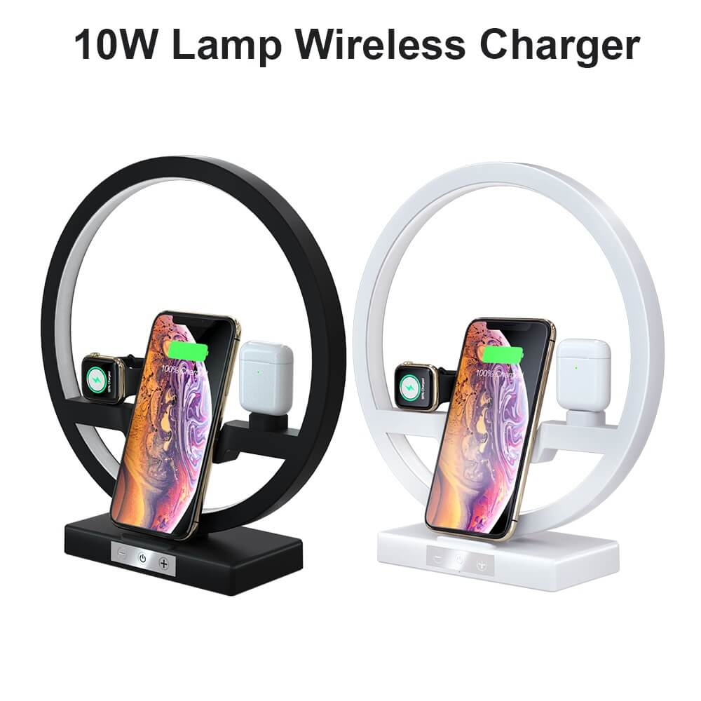 A white and black wireless charger table lamp next to each other. Each device in use charging a phone, smart watch and ear pod case.