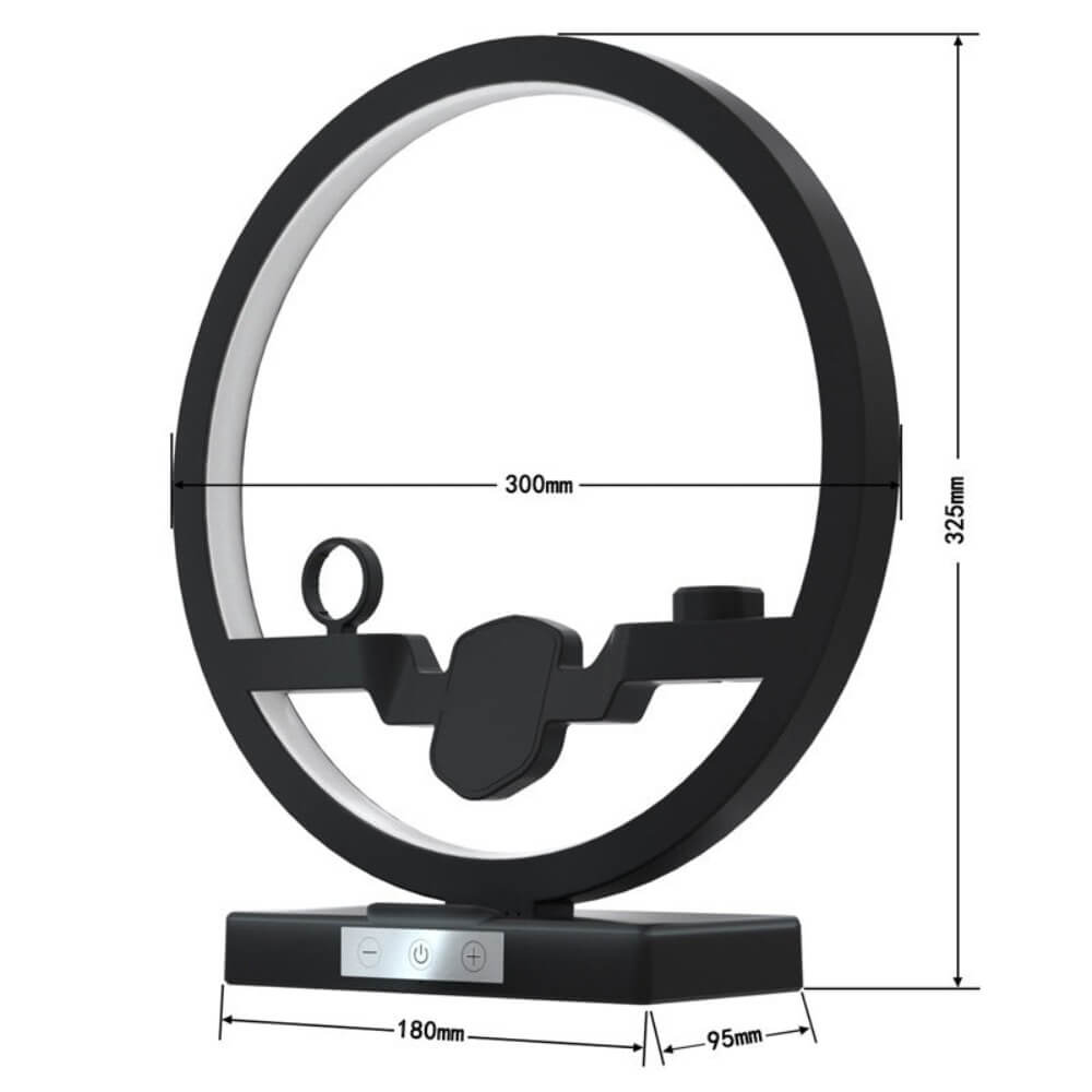 The wireless charger table lamp dimensions. 180mm length at the base, 95mm width at the base, 325mm in height of device and 300mm in width of the cirlce lamp.